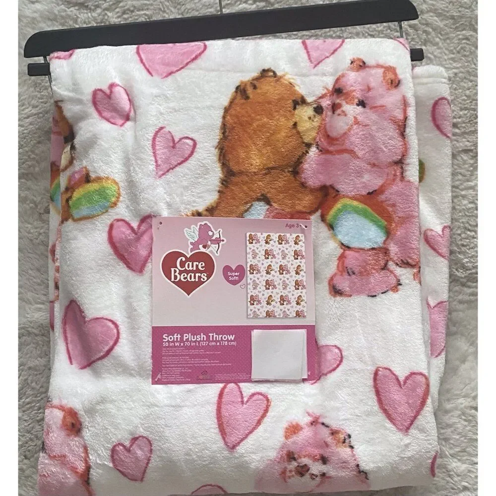 Care Bears Soft Plush Throw Blanket 50 X 70” Kisses Hearts Love‎ Valentines NEW